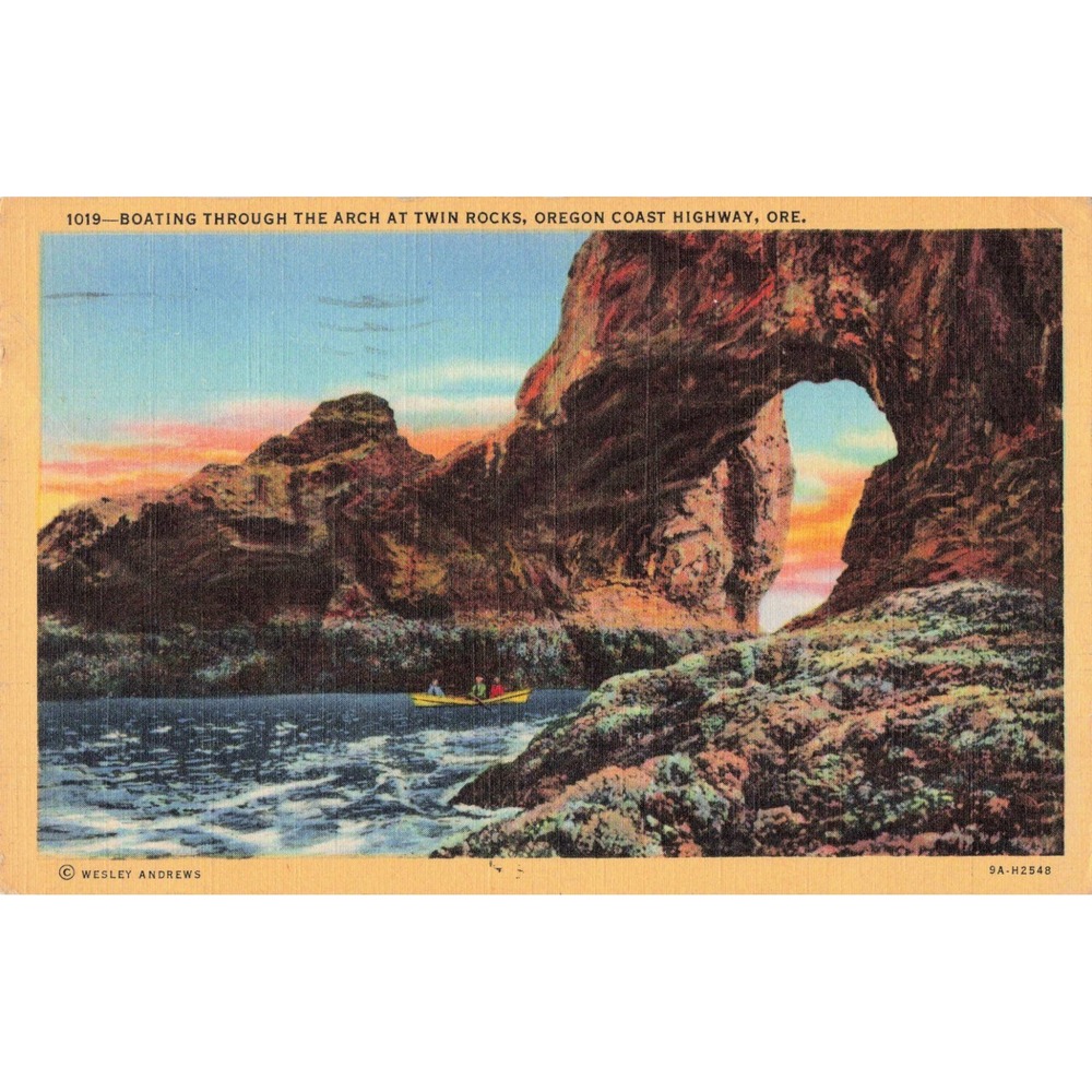 Twin Rocks Oregon Coast Highway OR Boating Arch Linen Postcard Wesley Andrews - Picture 1 of 2